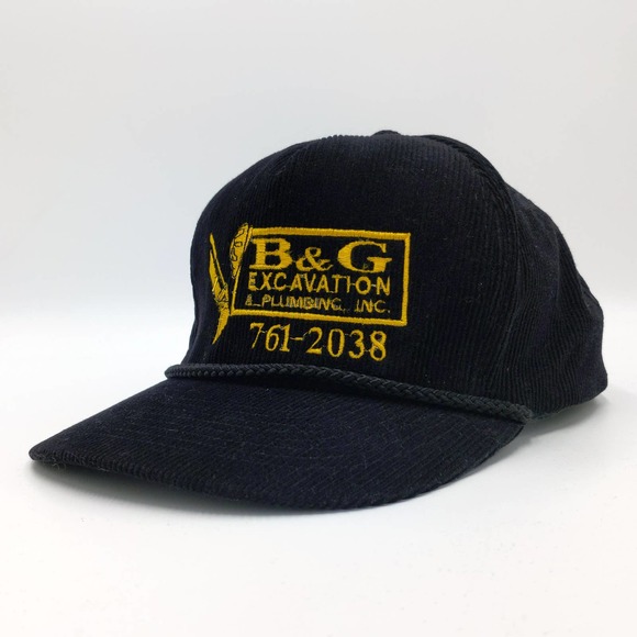 B&G Excavation & Plumbing Corduroy Snapback Trucker Hat Vintage Cap 90s Black